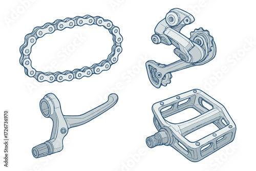 Essential bicycle components including chain, derailleur, brake lever, and pedal for cycling enthusiasts