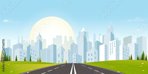 Straight road leading to modern city skyline with clear spring sky and sunshine.Vector concept for urban planning,smart city,transportation,infrastructure or real estate development background