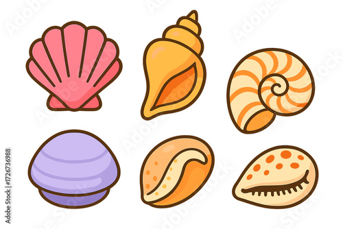 Vibrant collection of diverse marine seashells and ocean mollusks, featuring various shapes, colors, and patterns