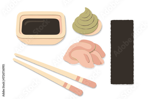 Assortment of Japanese sushi ingredients and condiments including soy sauce, wasabi, pickled ginger, nori seaweed, and chopsticks