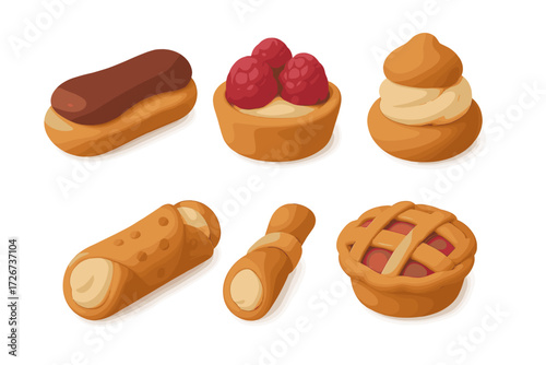 Assortment of delicious clay-style pastries and sweet treats including eclairs, tarts, cannoli, and cream puffs