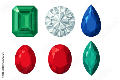 Collection of faceted gemstones in various shapes and vibrant colors including emerald, diamond, ruby, and sapphire
