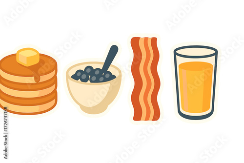 Classic American breakfast items including fluffy pancakes, crispy bacon, fresh blueberries, and refreshing orange juice