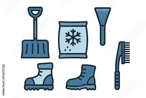 Essential winter snow removal equipment set including shovel, de-icing salt, ice scraper, snow brush, and warm boots for cold weather