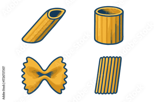 Collection of various dry pasta shapes including penne, rigatoni, farfalle, and spaghetti, commonly used in Italian cuisine