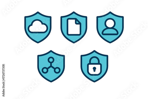 Cybersecurity and data protection shield icons for cloud storage, user accounts, and network privacy solutions