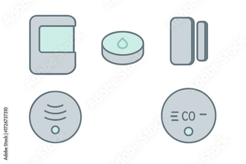 Contemporary smart home security system and environmental monitoring device icons set for digital applications and user interfaces