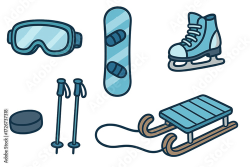 Collection of essential winter sports equipment including snowboard, ice skate, sled, ski goggles, and poles for cold weather activities