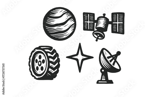 Diverse set of graphic symbols featuring a celestial body, space communication devices, a star, and an automotive tire