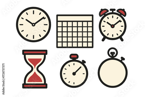 Diverse set of time and date related icons featuring clocks, calendar, hourglass, and stopwatches