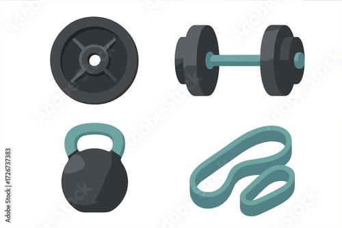 Fitness equipment set for strength training and exercise, including dumbbell, kettlebell, weight plate, and resistance band
