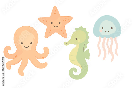 Adorable smiling ocean animals collection featuring a cute octopus, starfish, seahorse, and jellyfish characters for kids