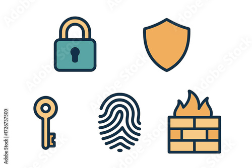 Digital security and data protection icons featuring padlock key shield fingerprint and firewall symbols for online safety