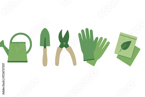 Collection of essential gardening equipment including watering can, hand trowel, pruning shears, protective gloves, and seed packets for home garden