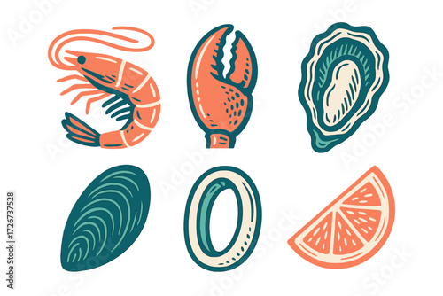 Collection of fresh shrimp, lobster claw, oyster, mussel, calamari ring, and grapefruit slice