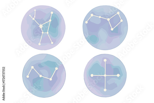 Celestial constellations with watercolor texture background set featuring various star patterns and cosmic elements