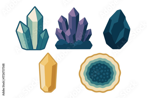 Diverse collection of colorful natural crystals, raw gemstones, and a beautiful cut geode showing internal layers