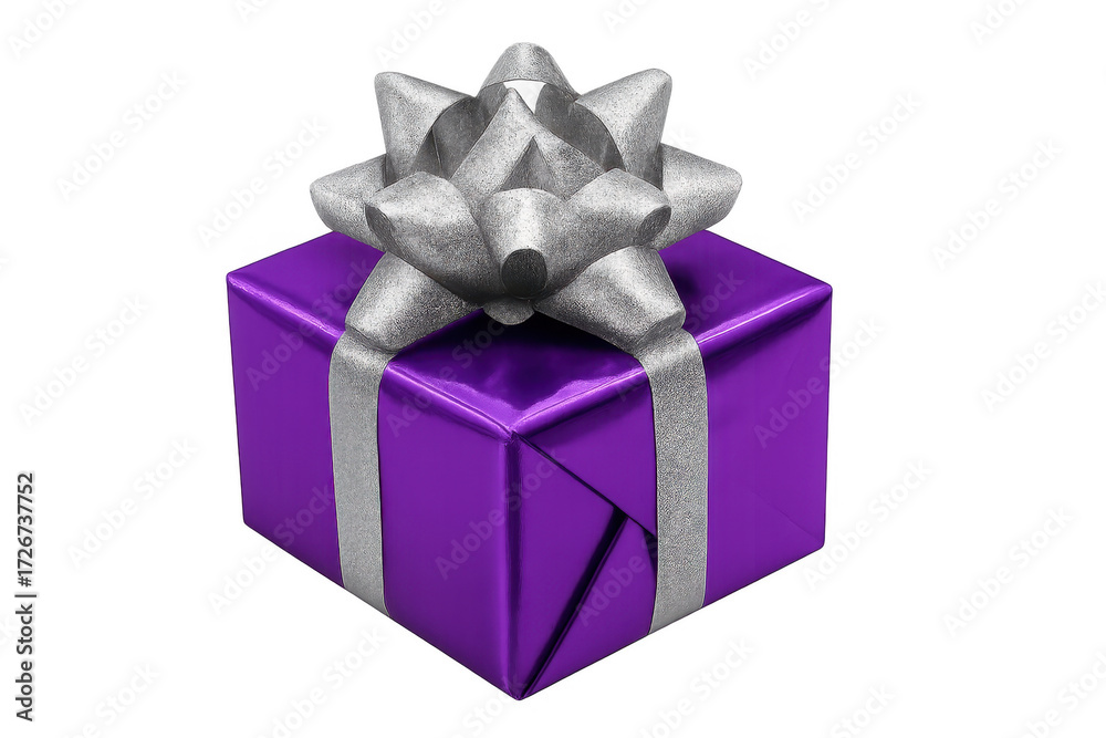 Fototapeta premium Purple gift box with silver ribbon and bow