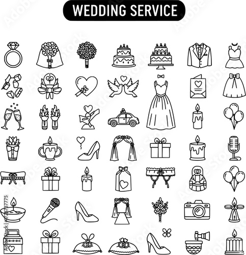 Wedding Service Outline Icons Set: A Comprehensive Collection of Line Art Symbols for Marriage Celebrations and Events