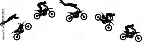 Freestyle motocross stunt silhouette sequence, extreme sport action, airborne biker trick, dynamic movement, adrenaline jump, flat vector illustration