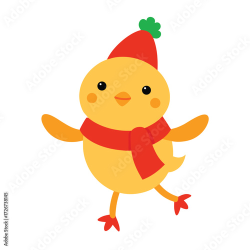 A cute yellow baby chick with an Easter hat is a funny cartoon vector illustration for a holiday farm animal design. charismas  chick cartoon vector illustration.