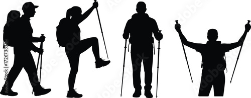 Silhouettes of hikers with trekking poles in various poses, outdoor adventure concept, mountain activity scene, flat vector illustration, isolated design