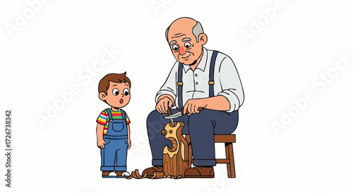 International Day of Older Persons : Grandfather carving wood while a child watches curiously