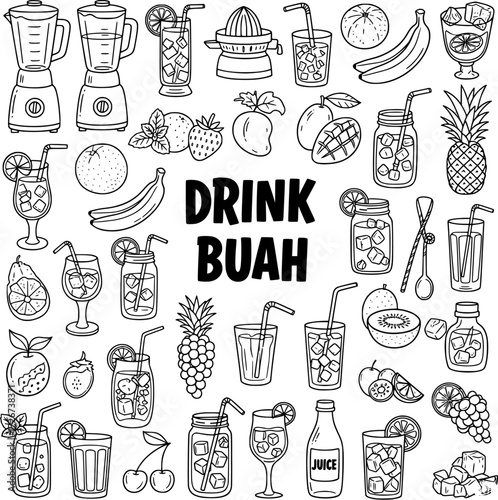 Tropical Fruits and Juices Doodles: Healthy Drinks, Smoothie, and Dessert Illustration