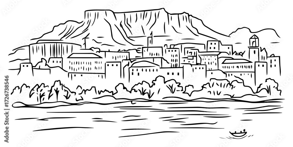 Naklejka premium Historic coastal town with cliff fortress and calm sea – detailed Mediterranean medieval cityscape sketch illustration