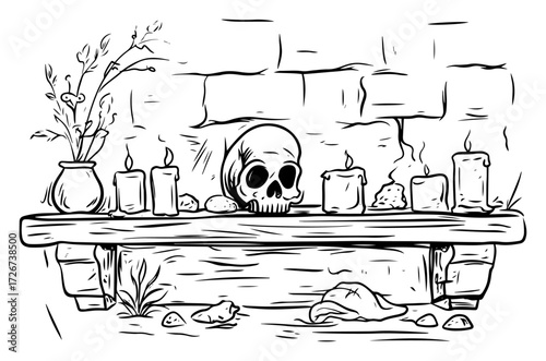 Haunted alchemist altar with human skull, melting candles and potion herbs – spooky gothic laboratory scene detailed vector drawing