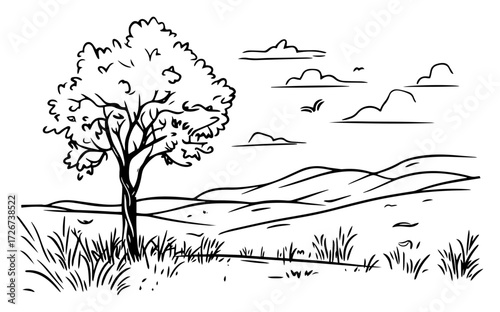 Hand drawn countryside landscape with lone tree on breezy hill, wild grass meadow and distant mountains – rustic nature sketch illustration