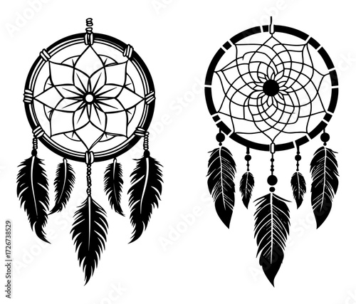 Dreamcatcher boho talisman silhouette with intricate feathers – native tribal spiritual protection wall art vector illustration