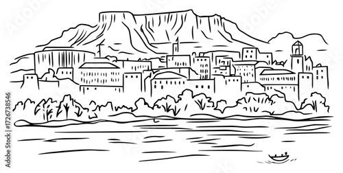 Historic coastal town with cliff fortress and calm sea – detailed Mediterranean medieval cityscape sketch illustration