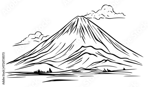 Majestic lone volcano mountain peak emerging above plains with drifting clouds – minimalist line art landscape illustration
