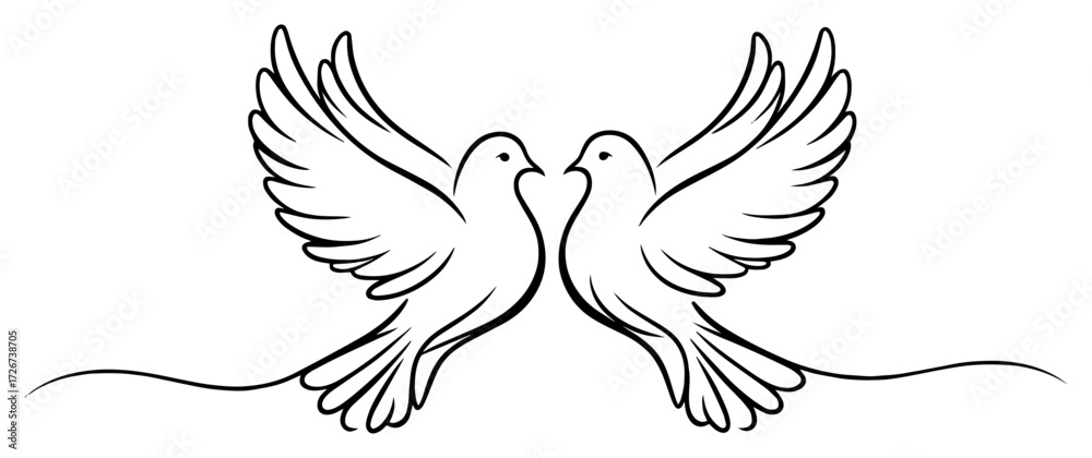 Fototapeta premium Romantic pair of doves with open wings in graceful symmetry – elegant wedding love birds line art emblem