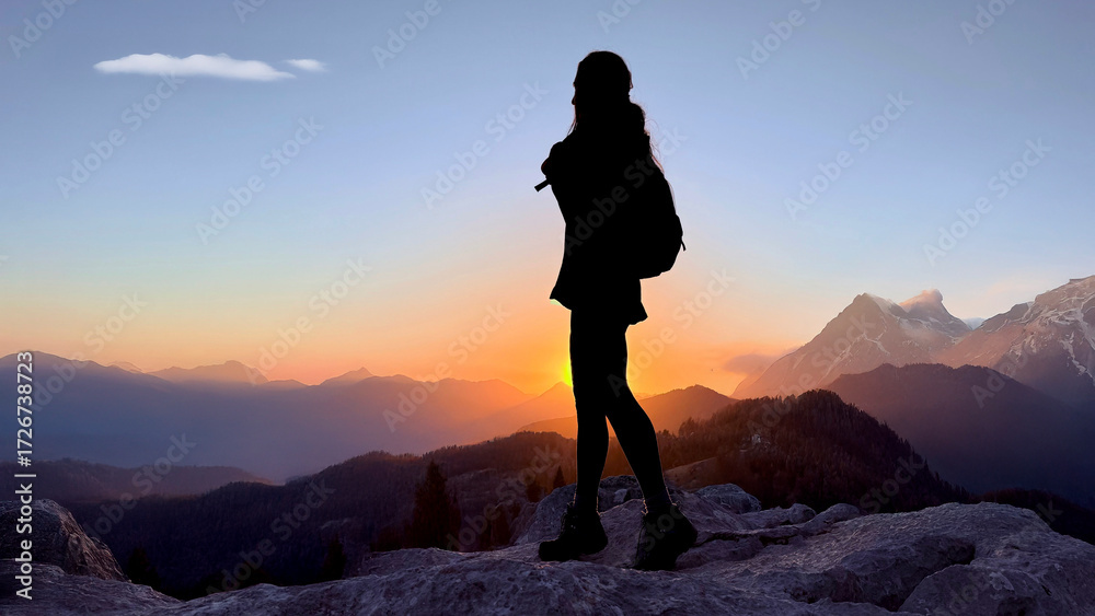 Obraz premium Lady watching the mountain range view, sunset and the view from the magnificent height