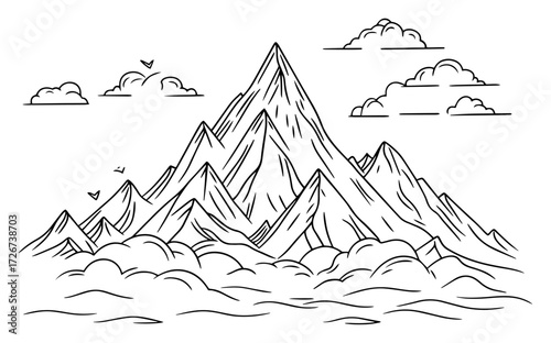 Epic mountain summit towering above clouds and rugged ridges – adventurous alpine landscape line art illustration