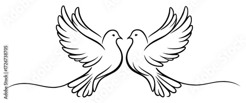 Romantic pair of doves with open wings in graceful symmetry – elegant wedding love birds line art emblem