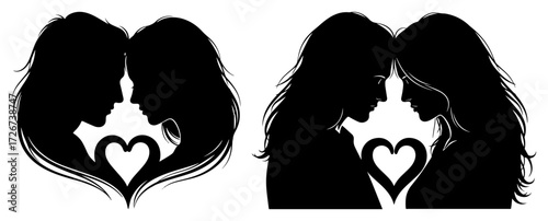 Loving female couple silhouettes inside heart – minimalist LGBT romance emblem line art icon