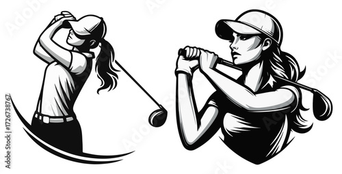 Dynamic female golfer swinging driver with confident posture and flowing ponytail – energetic sportswoman golf swing silhouette illustration