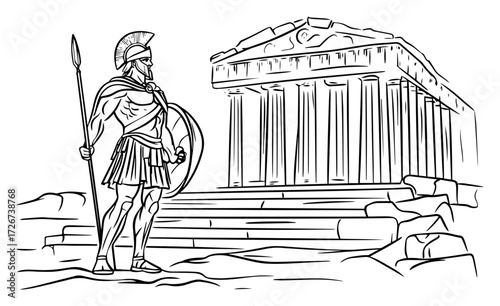 Resolute Spartan warrior with spear and shield guarding Parthenon temple ruins – heroic ancient Greece history illustration