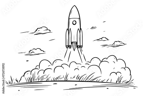 Retro space rocket blasting off amid billowing smoke clouds – daring exploration lift‑off sketch illustration