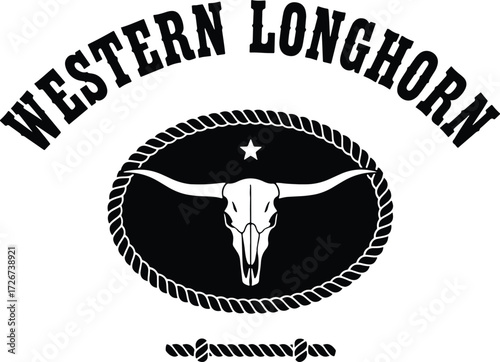 Western Longhorn Logo – Longhorn Skull with Rope Oval, Star, and Bold Western Typography