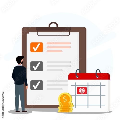 Businessman checking task list on clipboard with calendar and coins. Representing financial planning, deadline management, budget schedule, and business organization concept.