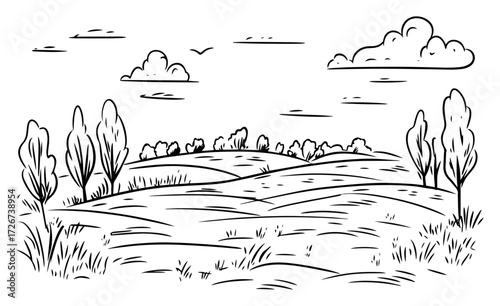 Open meadow landscape with rolling hills and scattered trees under calm sky – bright countryside line art illustration