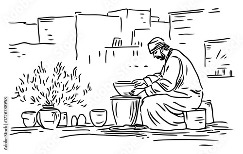 Potter at the wheel shaping clay vase in rustic village atelier – artisanal craftsmanship line illustration