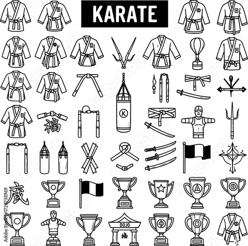 Karate Martial Arts Line Art Icon Set with Uniforms, Belts, Weapons, Training Equipment, Trophies, and Symbols