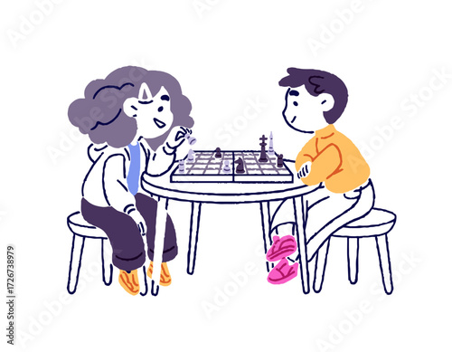 Cute kids play chess game at the table. Happy children move chessmen on board. Boy and girl sit at the desk with chessboard and pieces. Flat isolated outline vector illustration on white background