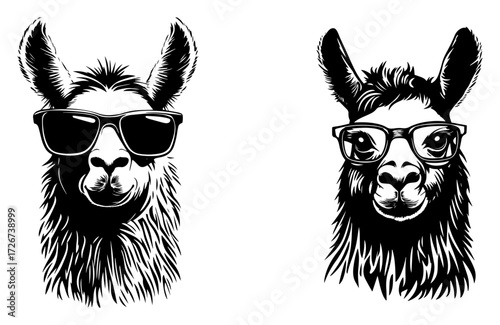 Cool llama portrait in trendy sunglasses – hipster alpaca mascot vector illustration