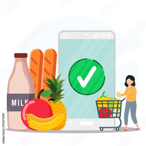 A woman using smartphone for online grocery shopping with milk, bread, fruits, vegetables, and a check mark symbol, representing digital purchase and food delivery service.